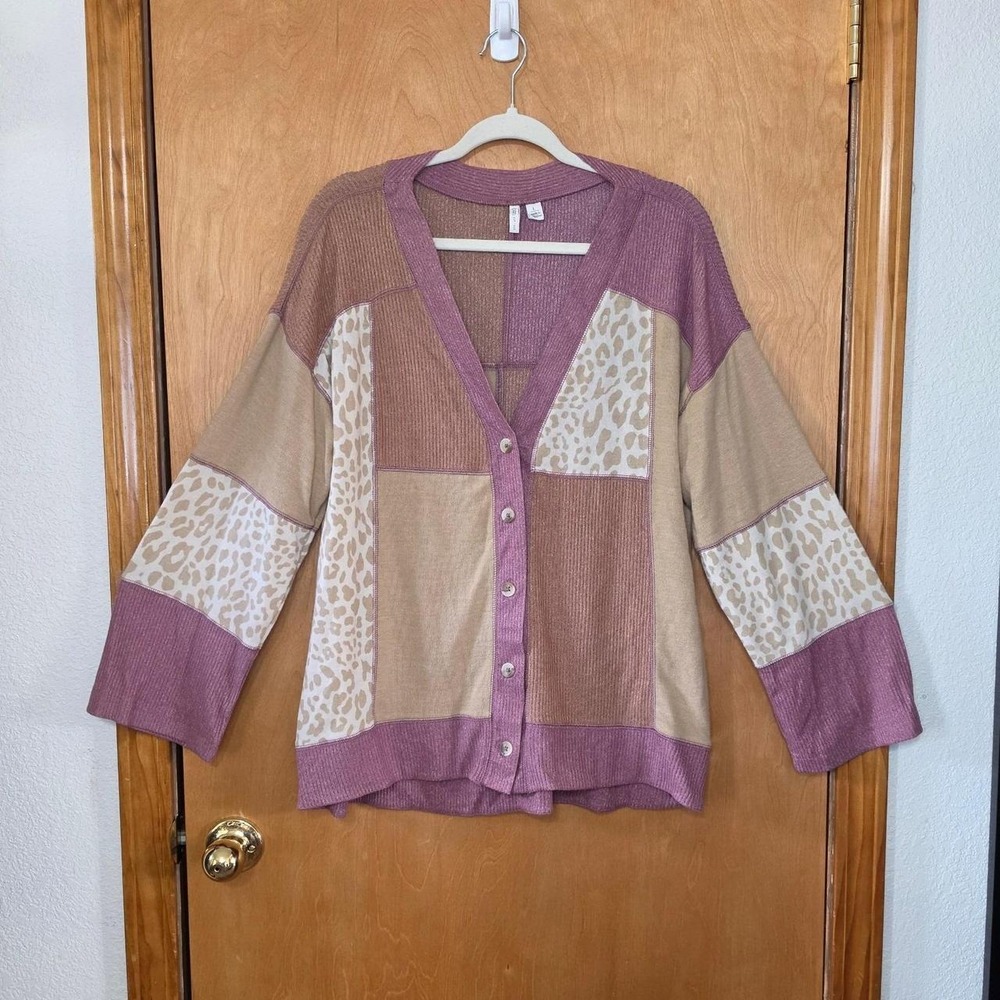 Cato Womens Large Mauve Tan Colorblock Leopard Patchwork Ribbed Cardigan Sweater